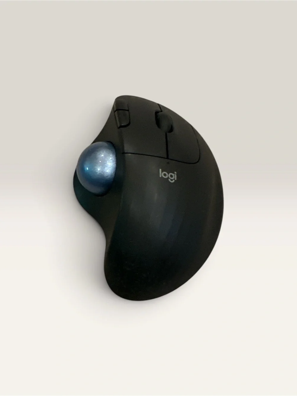 Logi Black Ergonomic Trackball Mouse with Blue Trackball and keyboard